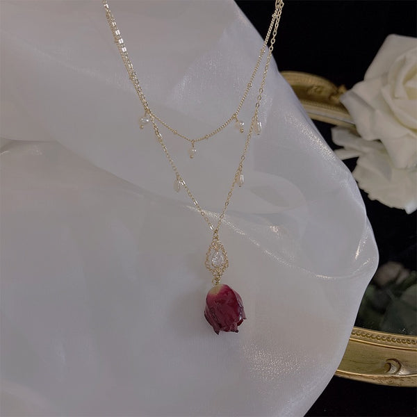 Vintage Red Rose Necklace