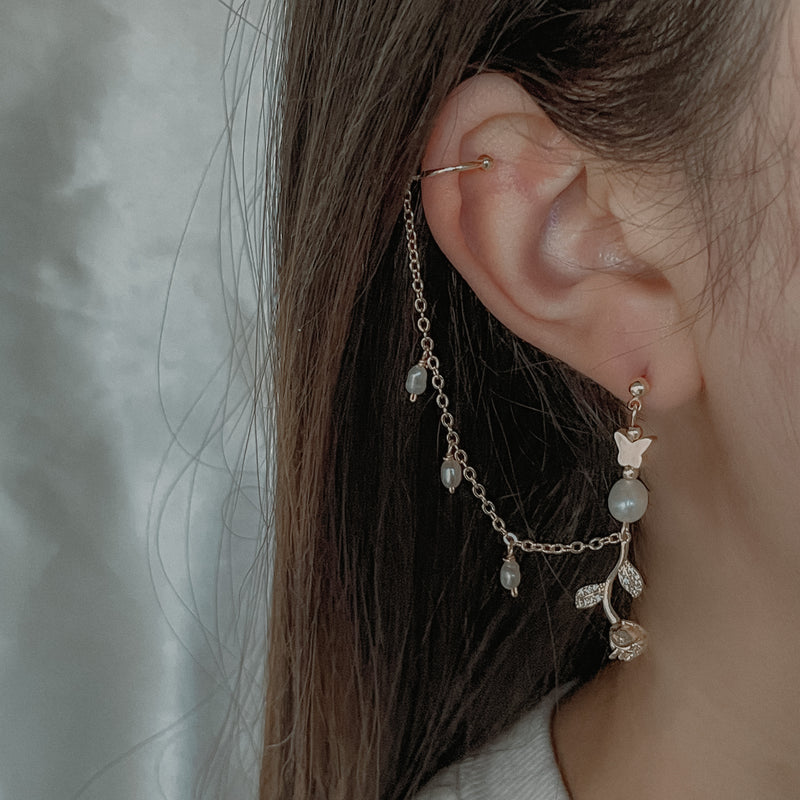 Asymmetrical Pearl Rose Earrings