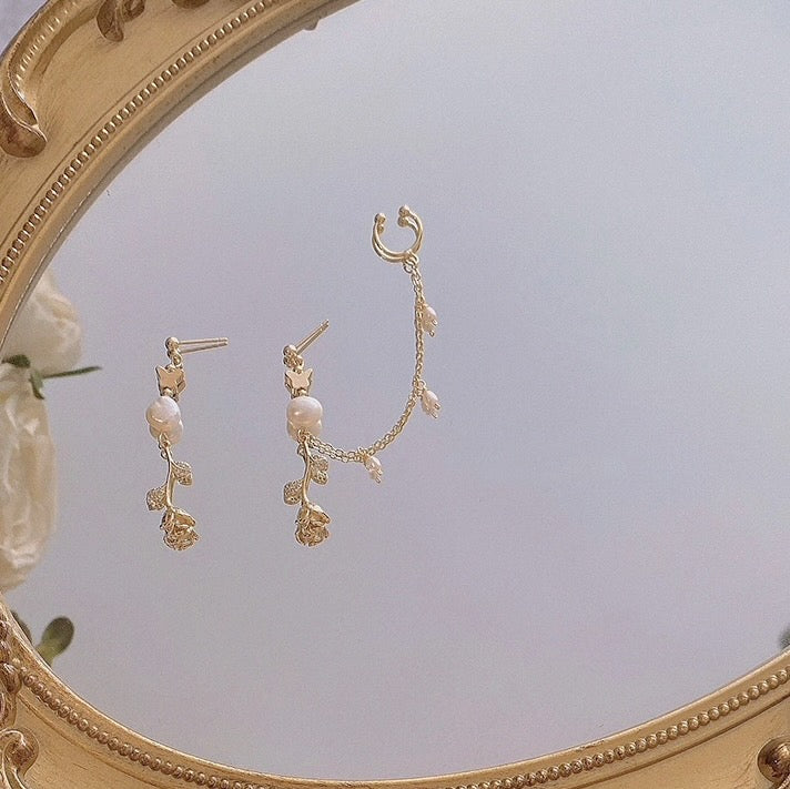 Asymmetrical Pearl Rose Earrings