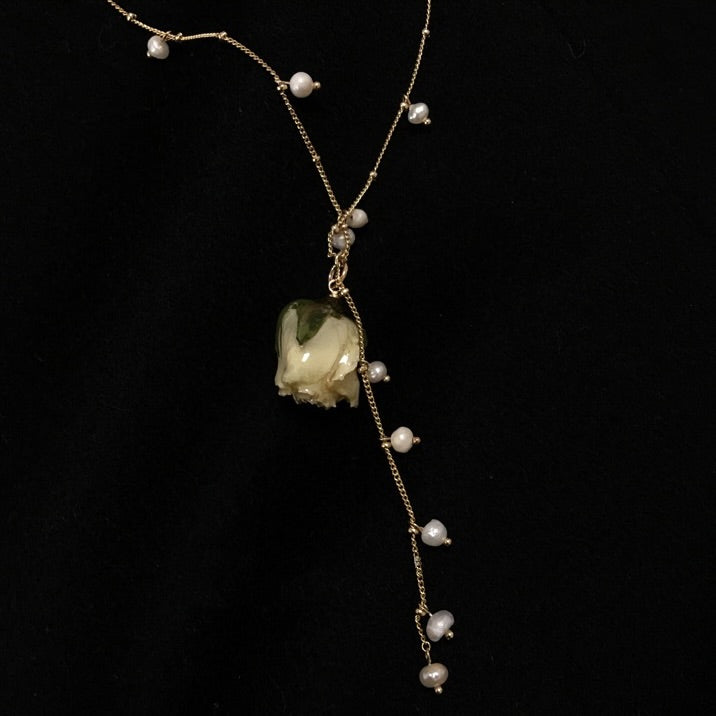 White Rose Pearl Chain Necklace