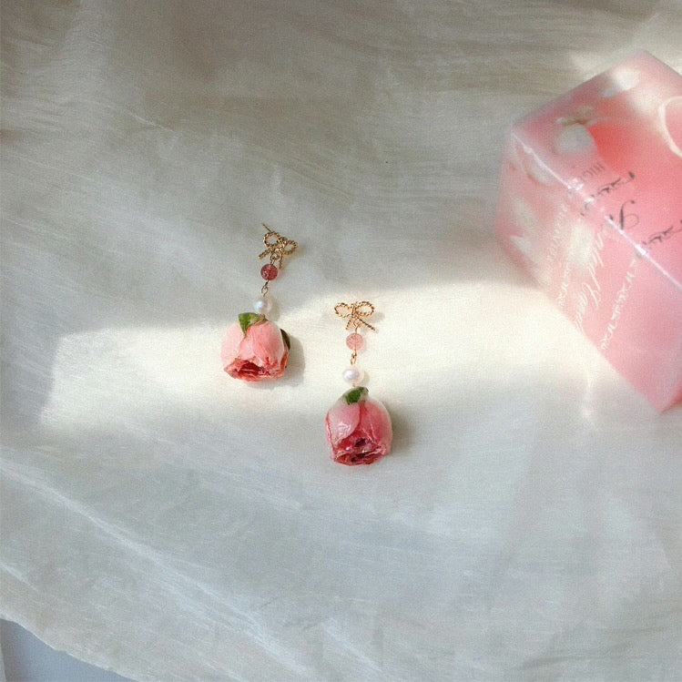 Pink Ribbon Rose Earrings