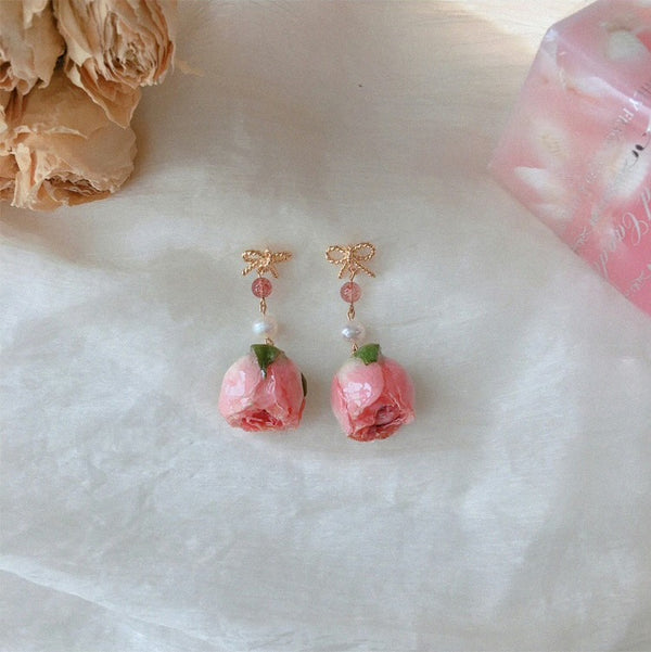 Pink Ribbon Rose Earrings