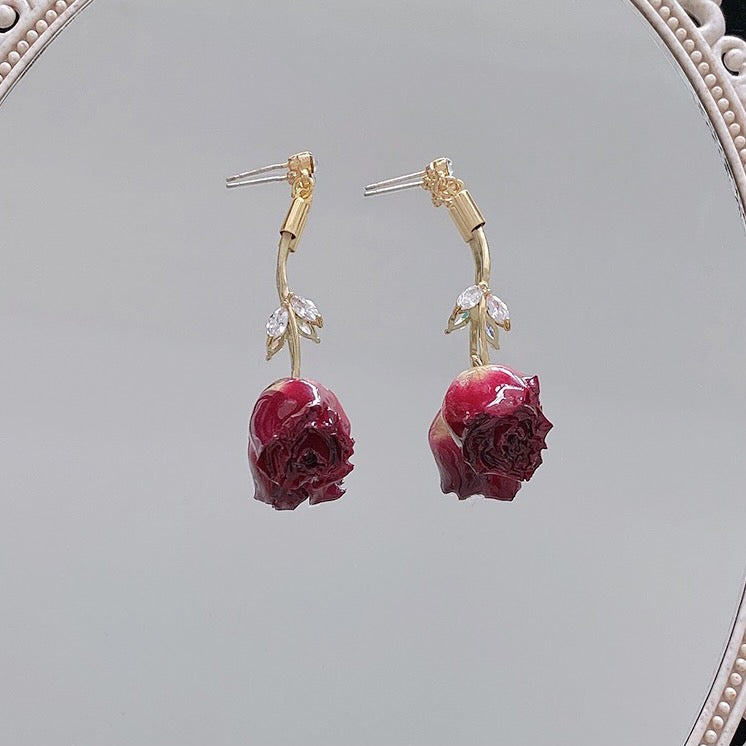 Simple Red Rose Earrings